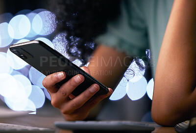 Buy stock photo Phone, communication and hands of person typing, search online or texting online business contact. Network, closeup cellphone and night worker research mobile connection, application or reading email