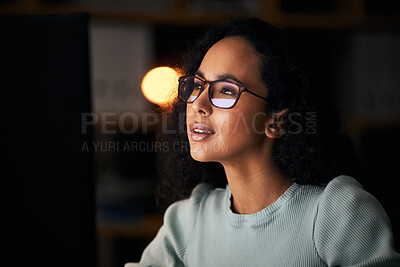 Buy stock photo Student, woman and computer for night reading, online education or university research in dark. Young person on desktop, glasses reflection or vision for online studying, college deadline or planning