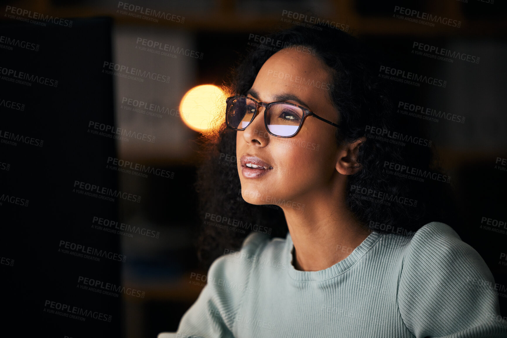 Buy stock photo Student, woman and computer for night reading, online education or university research in dark. Young person on desktop, glasses reflection or vision for online studying, college deadline or planning