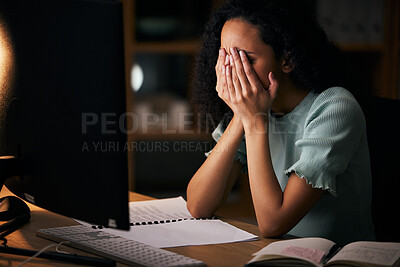 Buy stock photo Office woman, sad and tired on computer for night research, marketing mistake, copywriting and deadline fatigue. Person or writer with depression, job stress and anxiety or crying for planning fail 