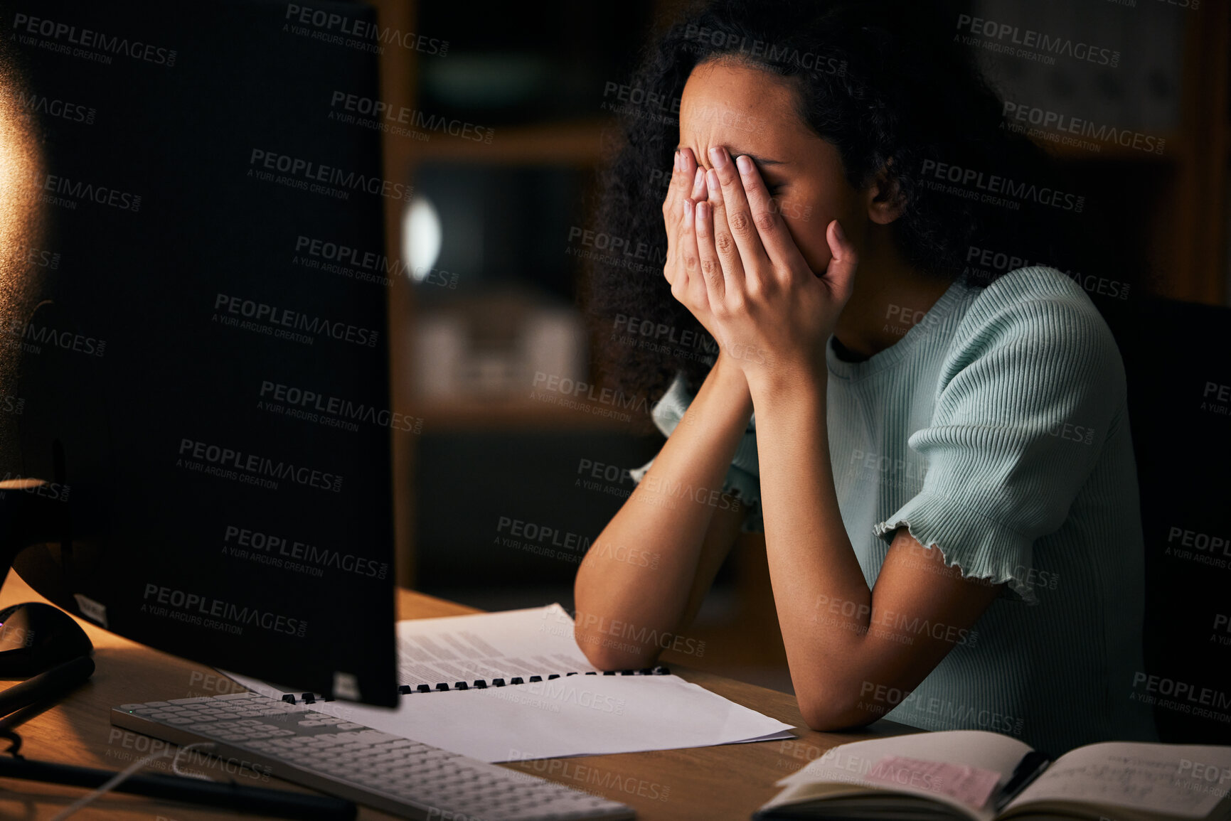 Buy stock photo Office woman, sad and tired on computer for night research, marketing mistake, copywriting and deadline fatigue. Person or writer with depression, job stress and anxiety or crying for planning fail 