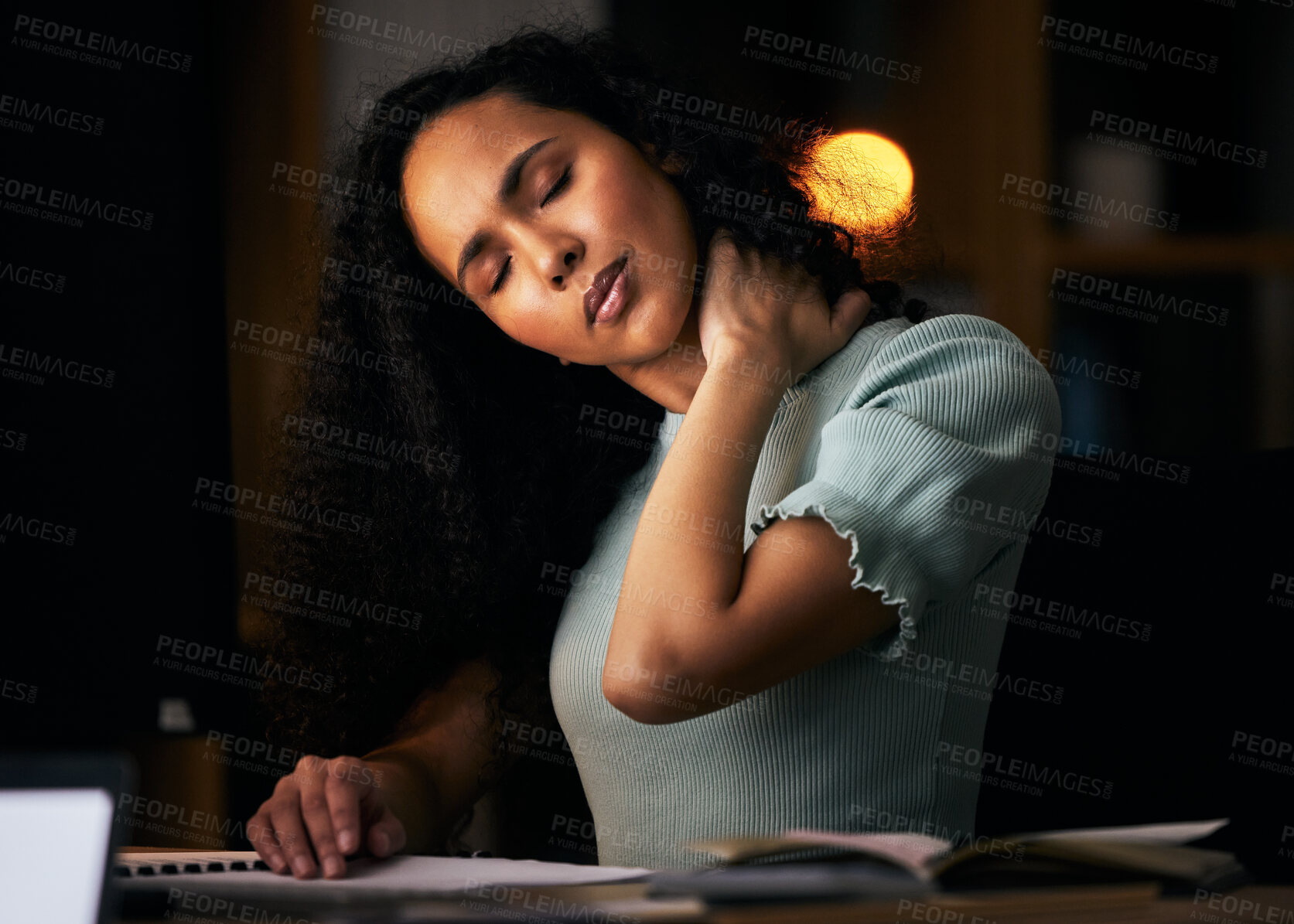 Buy stock photo Woman at office, neck pain and burnout, night work and fatigue with deadline, spine and bad posture at desk. Health, wellness and working overtime, stress and muscle tension with tired employee