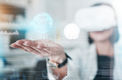 Buy stock photo Virtual reality, overlay and hands of scientist in laboratory with globe, digital transformation and medical research on hologram. Woman, global network and futuristic vr with web innovation for work