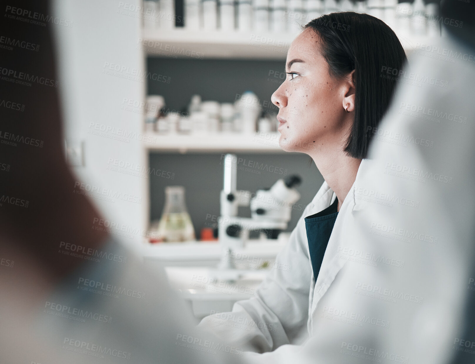 Buy stock photo Thinking, medical and woman with research, solution and problem solving with chemistry, healthcare and innovation. Person, scientist and researcher with ideas, decision and choice with biotechnology