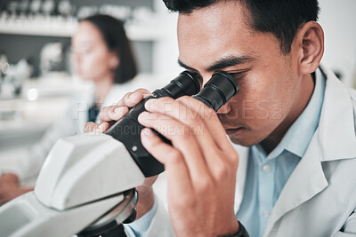 Buy stock photo Microscope, face of man and laboratory for science research, dna analysis or studying chemical development. Scientist, biotechnology and check lens to review investigation, test or medical assessment