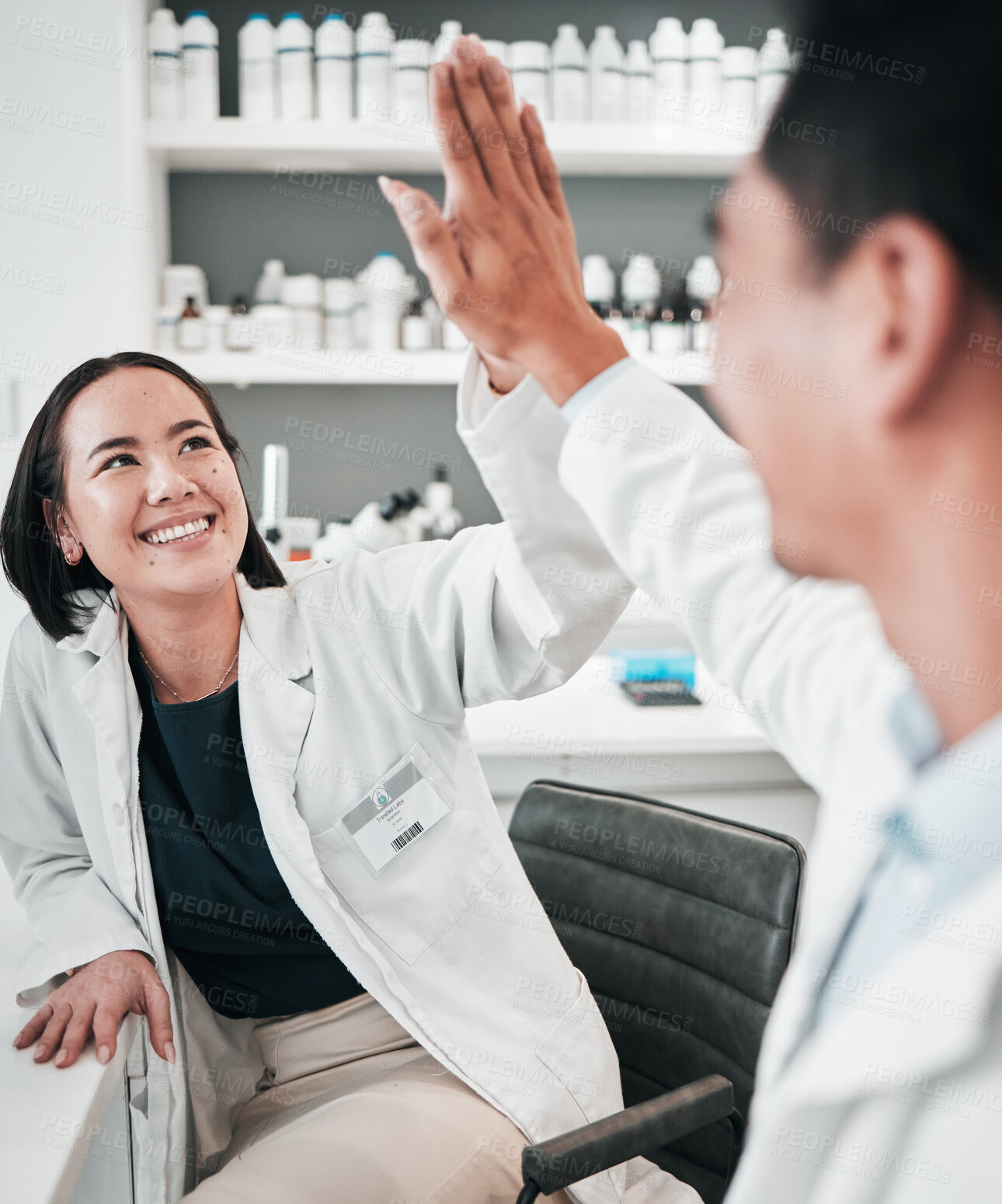 Buy stock photo Science, research and man with woman, high five and support with achievement, cooperation and congratulations. Coworkers, happy scientist or mentor with hand gesture, medical or success with teamwork