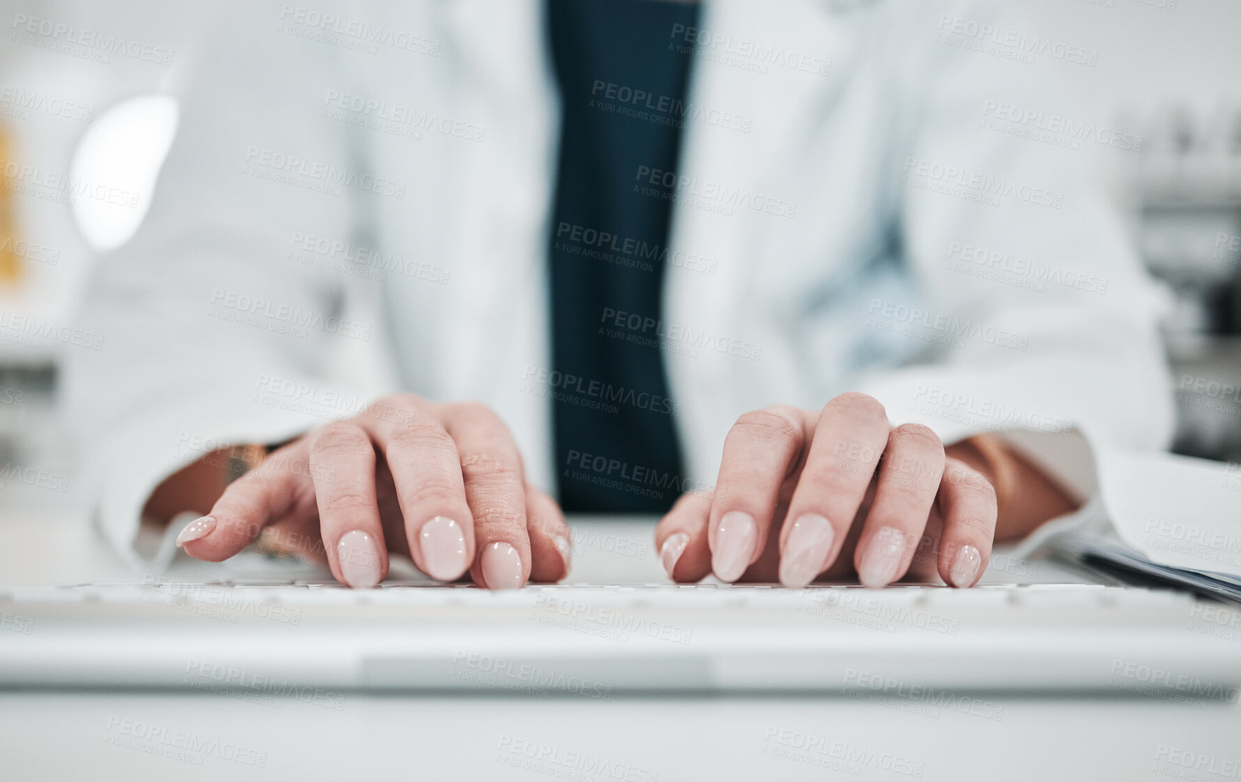 Buy stock photo Keyboard, person hands and typing closeup with healthcare, hospital and clinic work at computer. Medical research, working and professional report with email and online fro work and doctor job