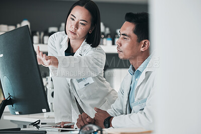 Buy stock photo Scientist, teamwork and computer for medical analysis or laboratory report, research and training support. Science doctors or people talking of vaccine solution, advice and desktop for online results