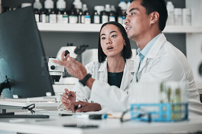 Buy stock photo Scientist, teamwork and computer, healthcare analysis or laboratory report, research and training support. Science or medical people talking of vaccine solution, advice and desktop for online results