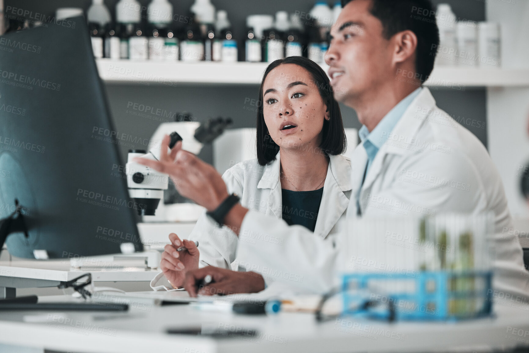 Buy stock photo Scientist, teamwork and computer, healthcare analysis or laboratory report, research and training support. Science or medical people talking of vaccine solution, advice and desktop for online results