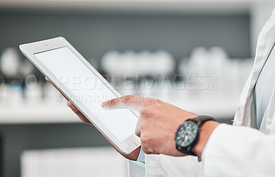 Buy stock photo Tablet, pharmacy and hands of person with mockup space for advertising, wellness app and telehealth. Healthcare, pharmaceutical and worker on digital tech for medical service, medicine and research