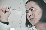 Science, glass board and scientist writing formula with focus face for pharmaceutical analytics and particles study. Research, person and working on laboratory planning and chemical analysis for dna