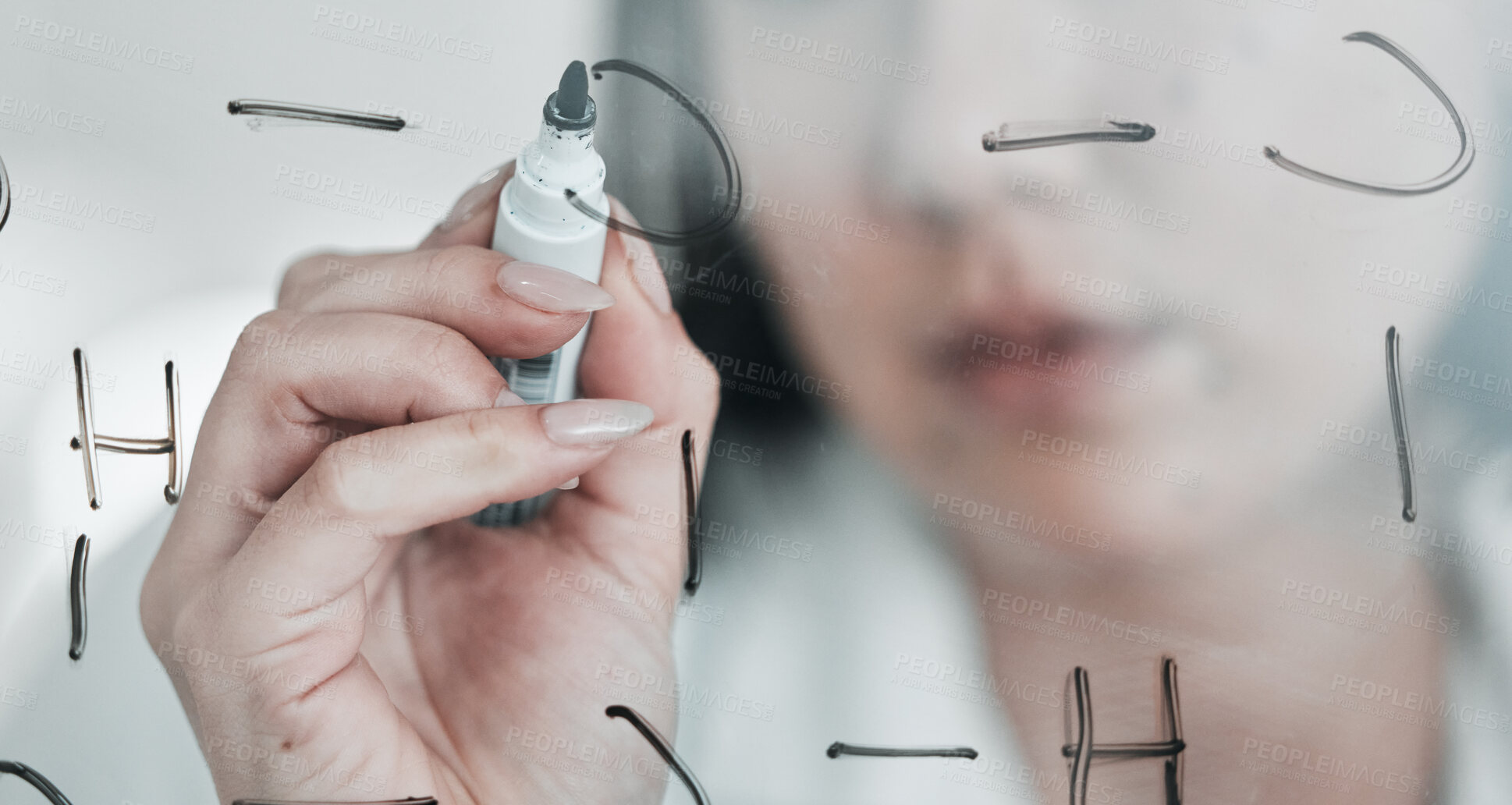 Buy stock photo Scientist hand, writing closeup and board with formula, writing and pharmaceutical research in lab. Person and science worker with chemistry, hospital and laboratory planning with analytics