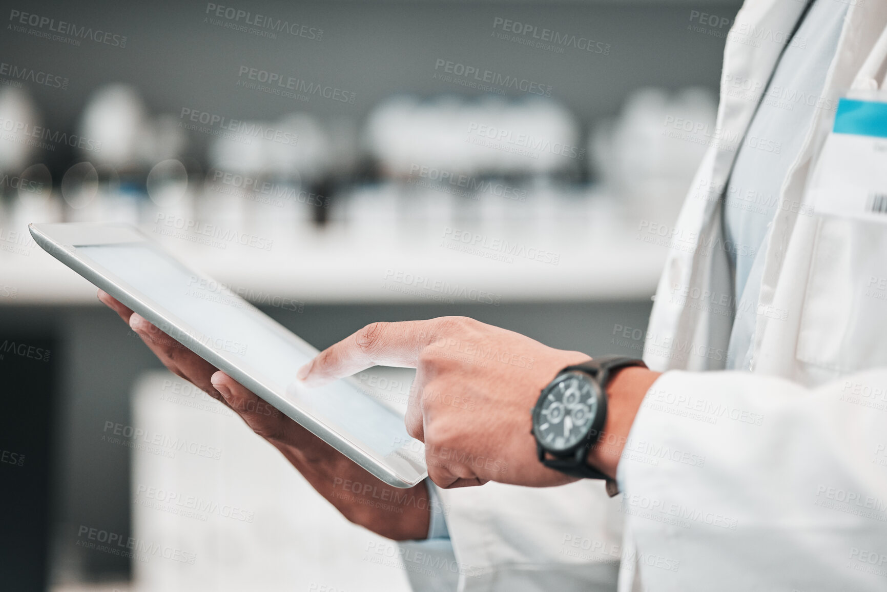 Buy stock photo Tablet, pharmacy and hands of scientist with mockup space for advertising, wellness app and telehealth. Healthcare, pharmaceutical and worker on digital tech for medical service, medicine or research