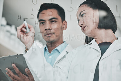 Buy stock photo Scientist, staff writing and glass board with formula, clipboard and pharmaceutical research in lab. Asian woman, clinic and science with chemistry, hospital and laboratory planning for analytics