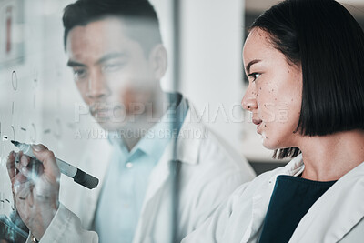 Buy stock photo Scientist, staff and teamwork with board with formula, writing and pharmaceutical research in lab. Asian woman, clinic and science team with chemistry, hospital and laboratory planning with analytics