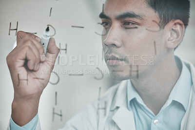 Buy stock photo Scientist, man and clear board with formula, writing and pharmaceutical research in lab. Molecule structure, clinic and science worker with chemistry, hospital and laboratory planning with analytics