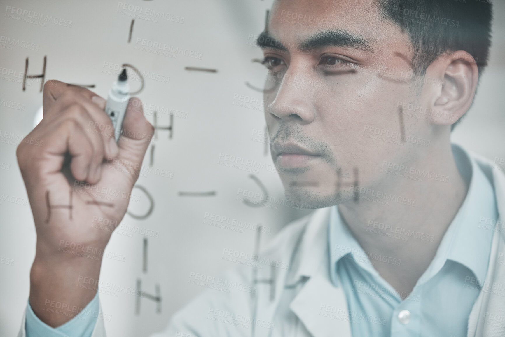 Buy stock photo Scientist, man and clear board with formula, writing and pharmaceutical research in lab. Molecule structure, clinic and science worker with chemistry, hospital and laboratory planning with analytics