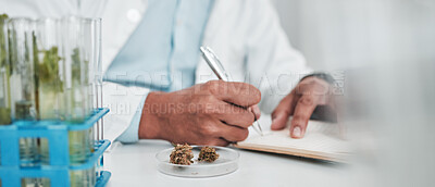 Buy stock photo Science, cannabis research and man writing notes in laboratory, cbd and marijuana for medical innovation. Weed, lab analytics and 420, scientist with pharmaceutical study in plants and agriculture.