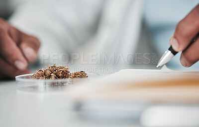 Buy stock photo Petri dish, hand and scientist writing for plant and ecology research in a lab for analysis. Science work, notes and laboratory worker and person with paperwork, medical report and test for grass