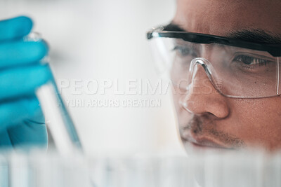 Buy stock photo Science, research and man with glasses, test tube and biotech in laboratory, solution for vaccine or medical innovation. Healthcare, lab analytics and medicine, scientist in eco pharmaceutical study.