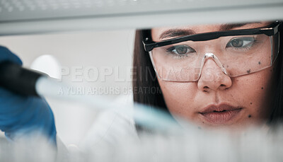 Buy stock photo Test tubes, scientist analysis and woman with investigation and science research of an Asian person. Laboratory, professional and healthcare worker with medicine and liquid check for hospital test