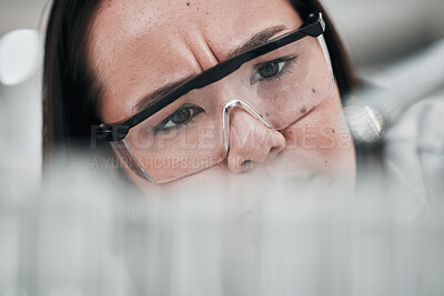 Buy stock photo Test tubes, scientist and confused woman closeup with investigation, thinking and science research. Laboratory, clinic professional and healthcare worker with medicine and liquid check for test