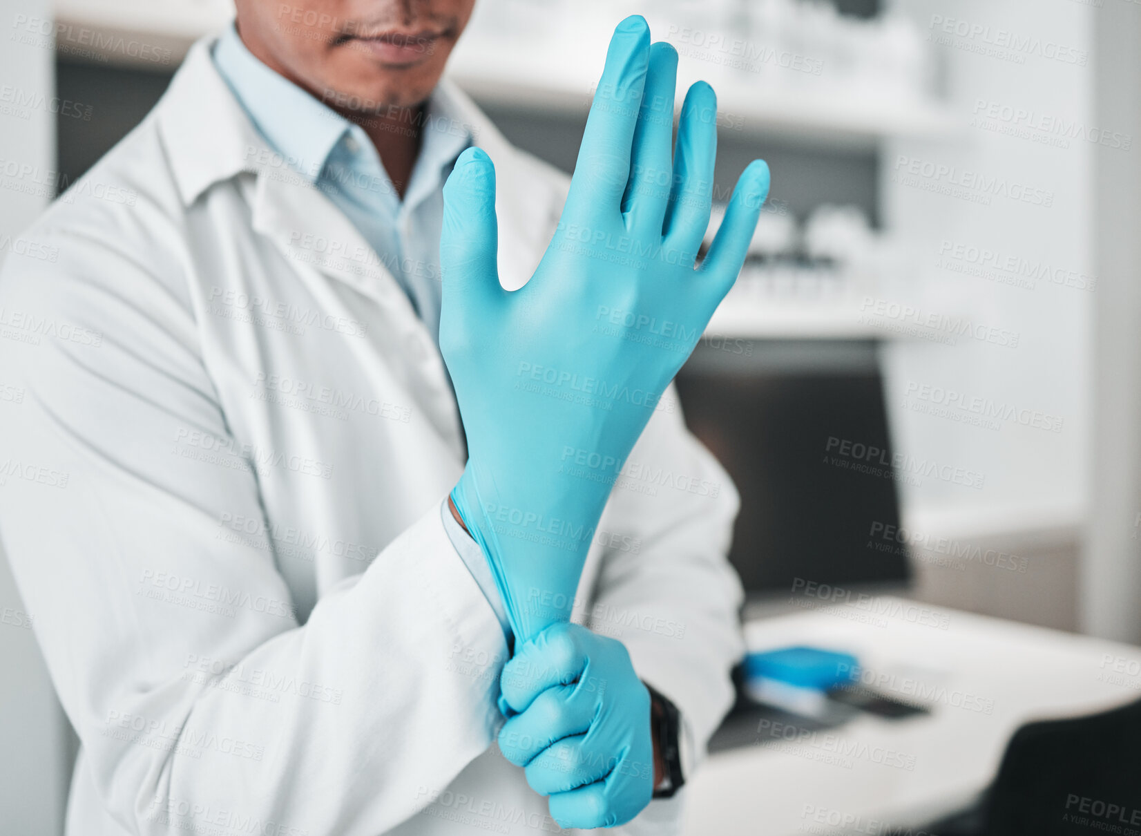 Buy stock photo Hands, science and gloves for healthcare with a person in a laboratory for research or innovation closeup. Safety, medical and a scientist in a lab for analysis, development or discovery in medicine