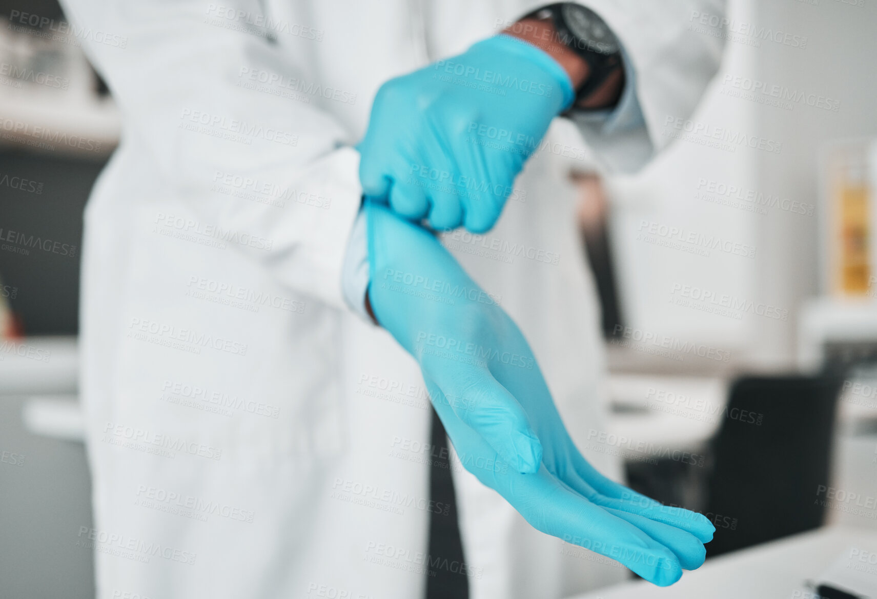 Buy stock photo Hands, science and gloves for safety with a person in a laboratory for research or innovation closeup. Healthcare, medical and a scientist in a lab for analysis, development or discovery in medicine