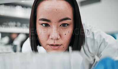 Buy stock photo Test tubes, scientist and woman with doctor investigation, thinking and science research. Laboratory, medical professional and healthcare worker with medicine and liquid check for hospital test