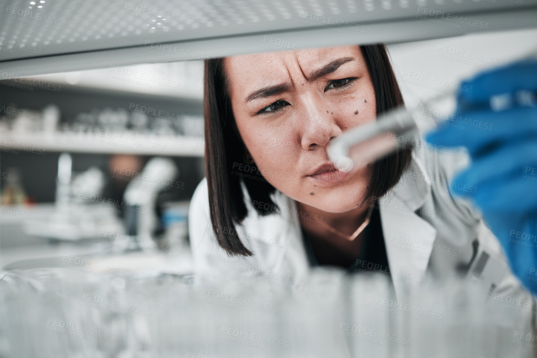 Buy stock photo Test tubes, scientist and confused woman with investigation, thinking and science research. Laboratory, professional and healthcare worker with medicine and liquid check for hospital and clinic test