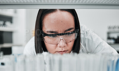 Buy stock photo Test tube, scientist and woman with lab investigation, thinking and science research of an Asian person. Laboratory, professional and healthcare with medicine and liquid check for hospital test