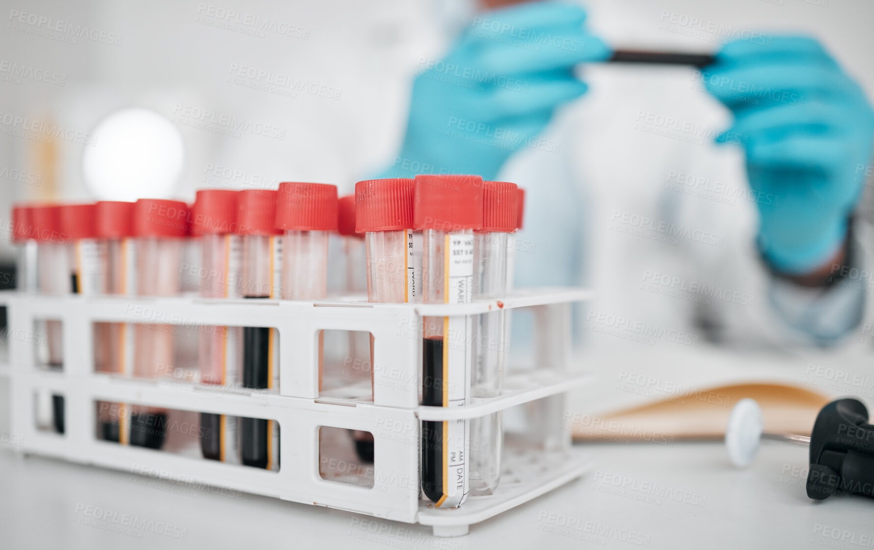 Buy stock photo Science, research and blood in test tube, hands in laboratory, solution for vaccine or medical innovation. Healthcare, lab analytics and medicine, scientist with pharmaceutical sample in container.