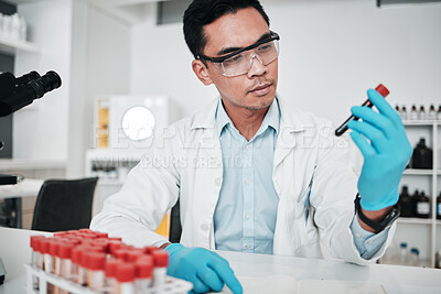 Buy stock photo Scientist, man and blood test in laboratory for medical investigation, chemistry research and vaccine. Science, asian worker and dna analysis of sample, chemical innovation and healthcare development