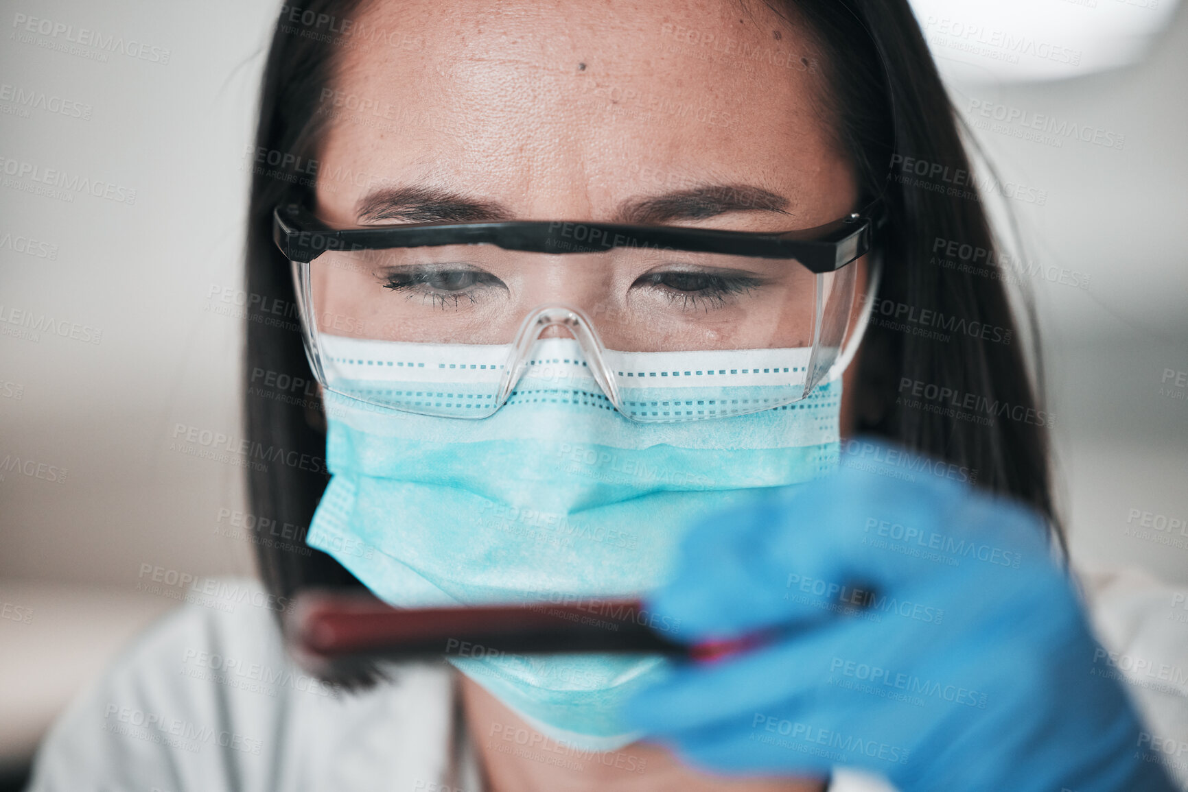 Buy stock photo Scientist, blood test and face with mask for vaccine, virus and healthcare research, study or tube in laboratory analysis. Medical, science and doctor or woman with for DNA sample or covid solution