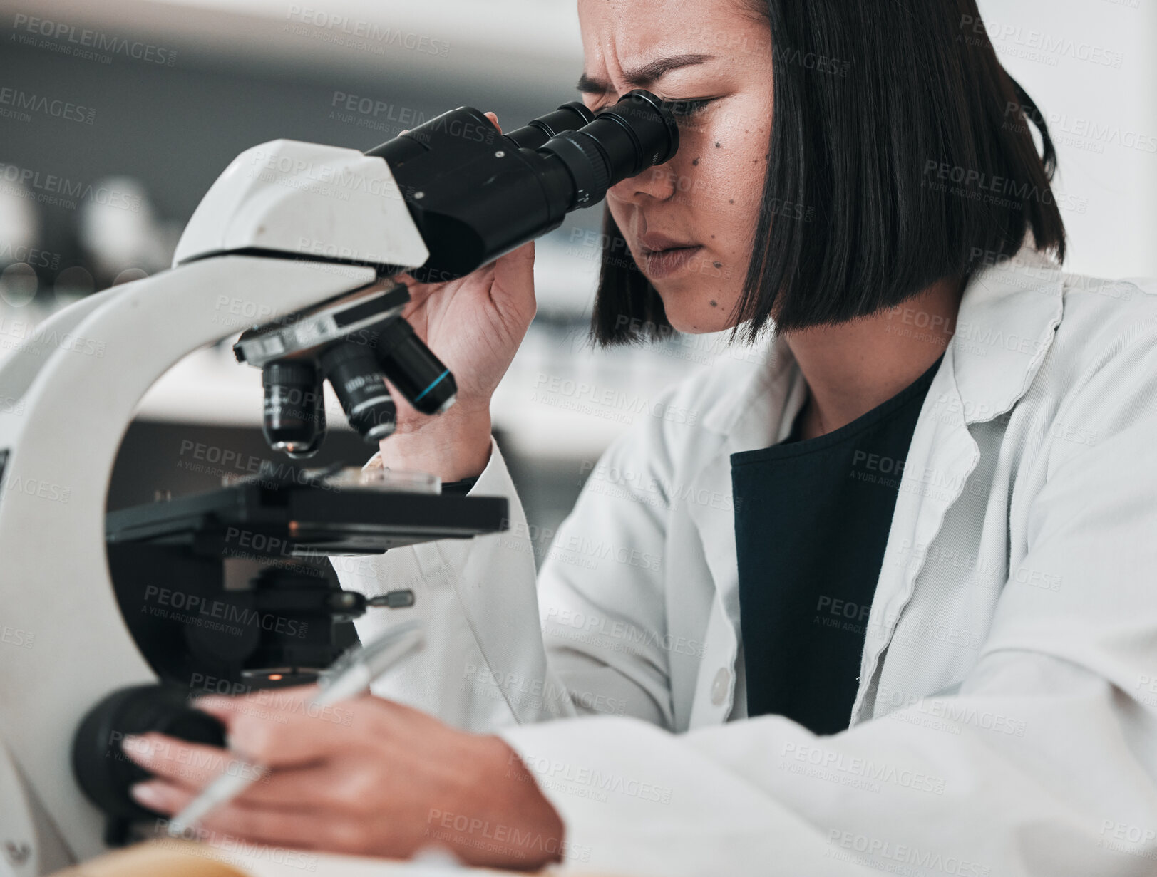 Buy stock photo Science, check microscope and Asian woman in laboratory for research, medical analysis and study. Biotechnology, healthcare and scientist focus with equipment for innovation, sample and DNA test