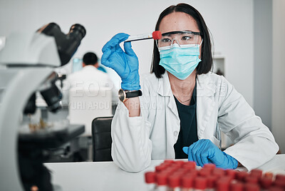 Buy stock photo Scientist, blood test and woman in laboratory with face mask for studying medical analysis, inspection and vaccine development. Asian science technician with tube, dna assessment and investigation 