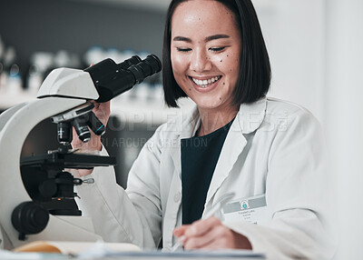 Buy stock photo Microscope, happy woman and writing research in laboratory for science development, dna analysis and notes. Asian scientist, biotechnology and lens for medical investigation, test report and results 