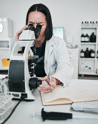 Buy stock photo Microscope, woman and notes in laboratory for science research, dna analysis and innovation. Scientist, biotechnology and medical investigation, chemistry test or check lens for results of assessment