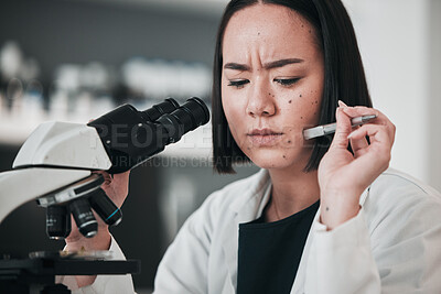 Buy stock photo Microscope, scientist and stress of woman in laboratory, research challenge or angry. Science, medical professional and frustrated Asian person fail in experiment test, tired or mistake in healthcare