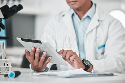 Buy stock photo Man, hands and tablet in science laboratory for chemistry development, research and medical software for investigation. Closeup of scientist, digital analysis and test for biotechnology report online