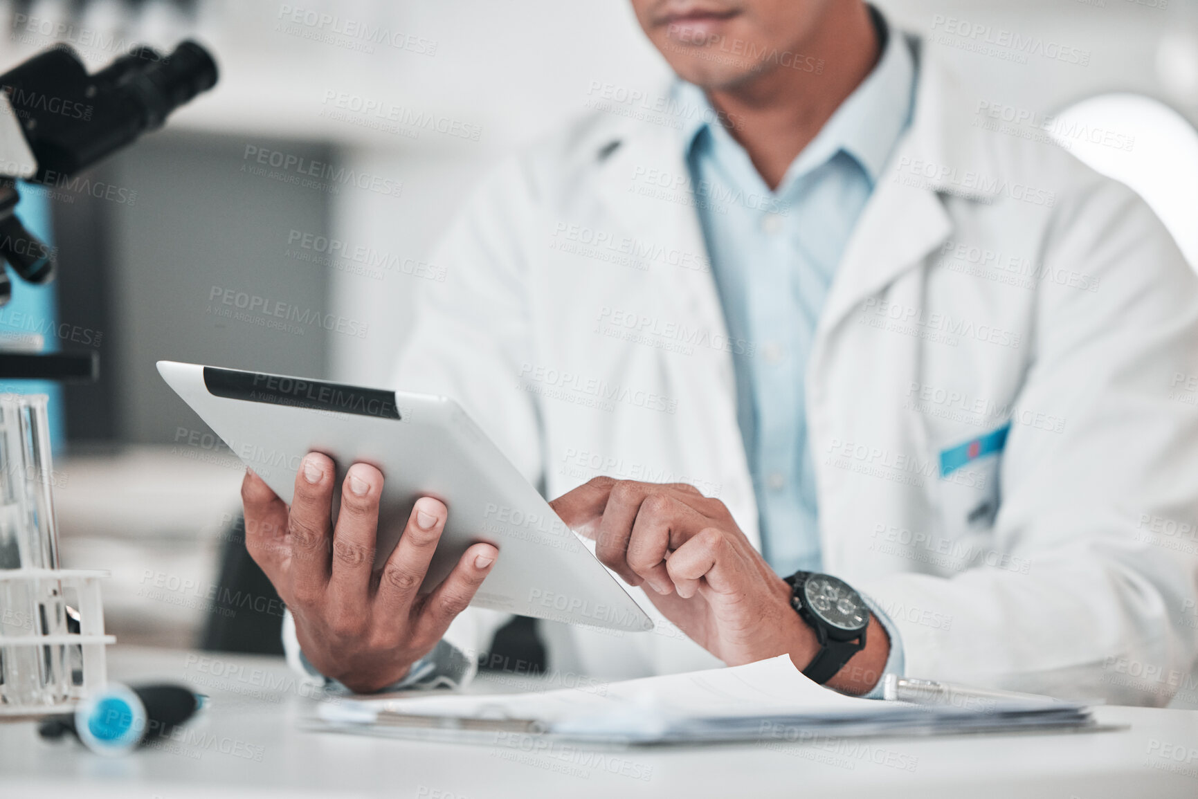 Buy stock photo Man, hands and tablet in science laboratory for chemistry development, research and medical software for investigation. Closeup of scientist, digital analysis and test for biotechnology report online