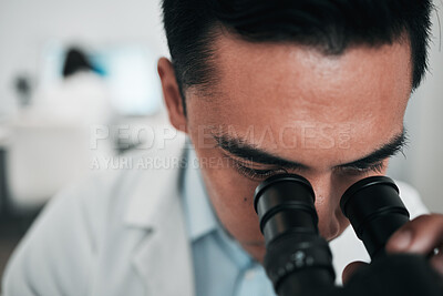 Buy stock photo Man, scientist and microscope in forensic study, research or science discovery at laboratory. Closeup of male person, medical or specialist looking in scope for DNA, vaccine or cure to virus in lab