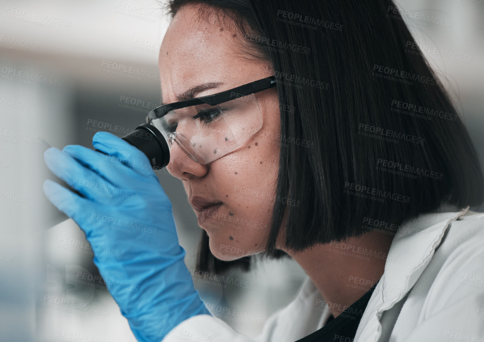 Buy stock photo Science, healthcare and Asian woman in laboratory with microscope for research, analysis and study. Microbiology, chemistry and scientist with equipment for medical innovation, sample and DNA test