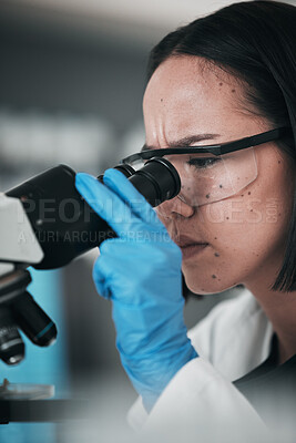 Buy stock photo Science, microscope and Asian woman in laboratory with glasses for research, analysis and study. Microbiology, healthcare ppe and scientist with equipment for medical innovation, sample and DNA test