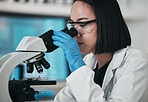 Science, microscope and Asian woman in laboratory with safety glasses for research, analysis and study. Microbiology, healthcare and scientist with equipment for medical innovation, sample and test