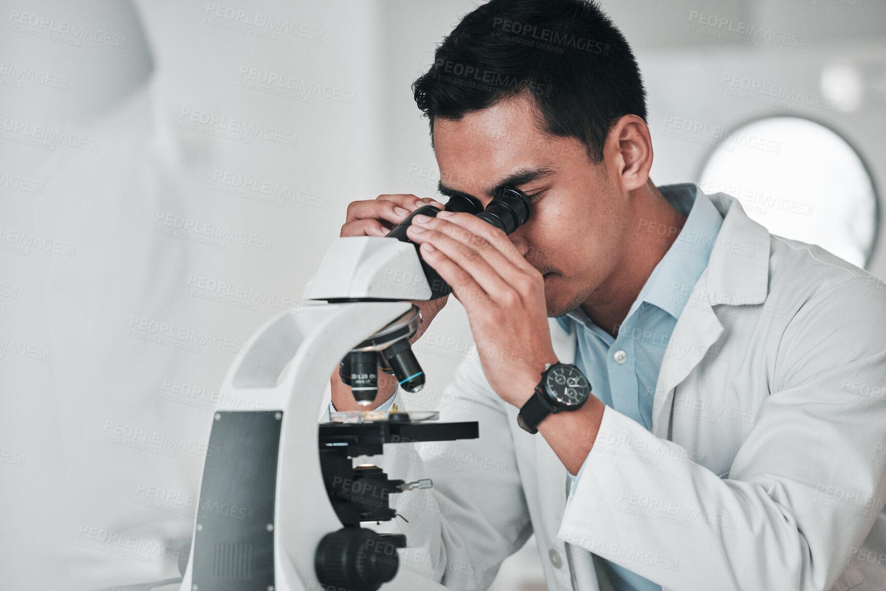 Buy stock photo Man, scientist and microscope in forensic, research or new science discovery at laboratory. Male person, medical or healthcare specialist looking in scope for DNA, vaccine or cure to virus in lab