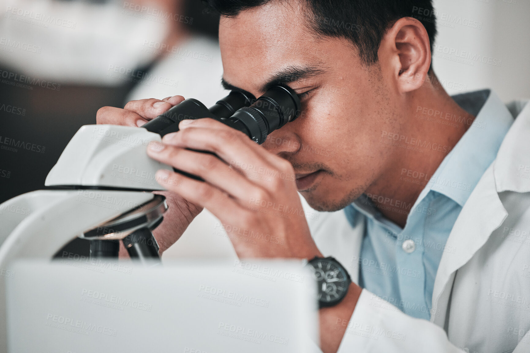 Buy stock photo Scientist, man and medical microscope for research, DNA analysis and pharmaceutical investigation with laboratory data. Professional science person, doctor or expert with lens check for healthcare