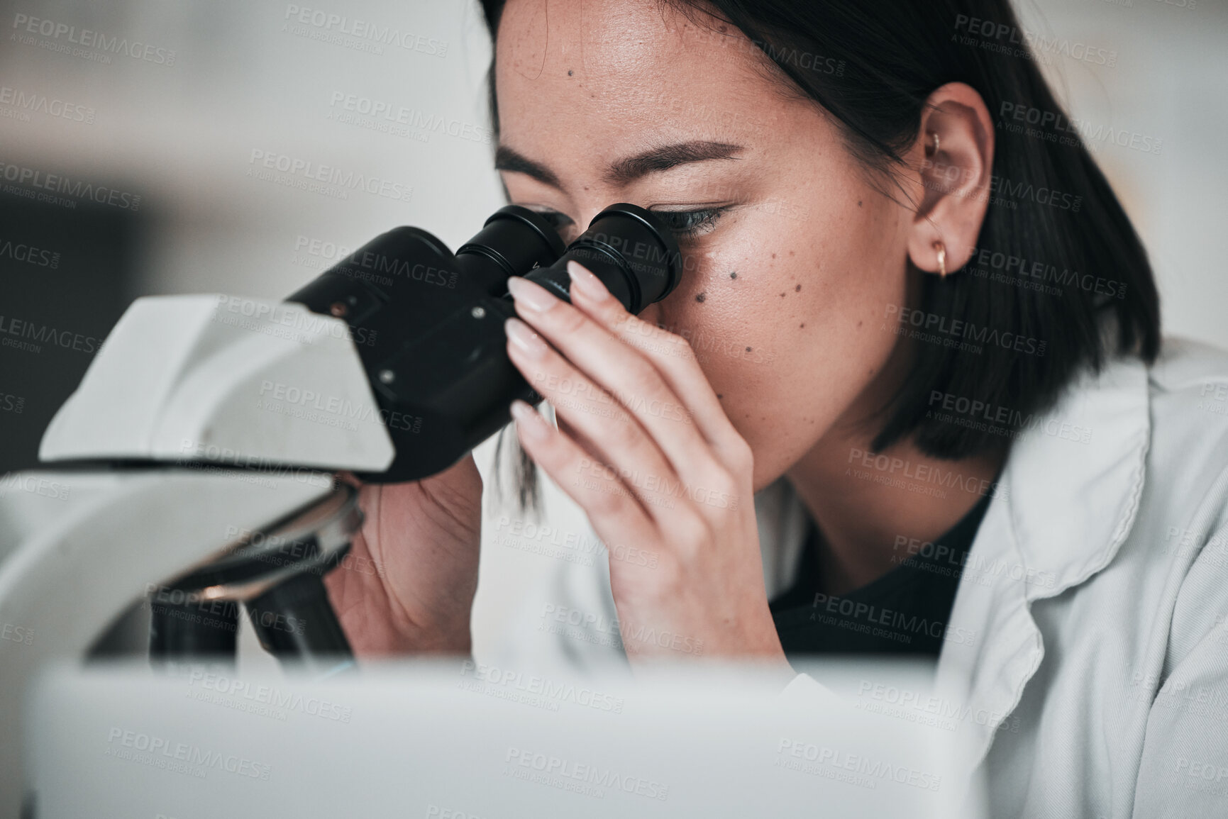 Buy stock photo Science, microscope and Asian woman in laboratory for medical study, data analysis and research. Biotechnology, healthcare and scientist looking in equipment for innovation, sample and DNA testing