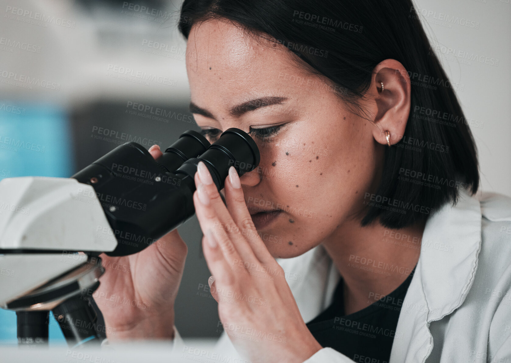 Buy stock photo Science, microscope and Asian woman in laboratory for sample, data analysis and study. Biotechnology, healthcare and scientist looking in equipment for medical innovation, research and DNA testing